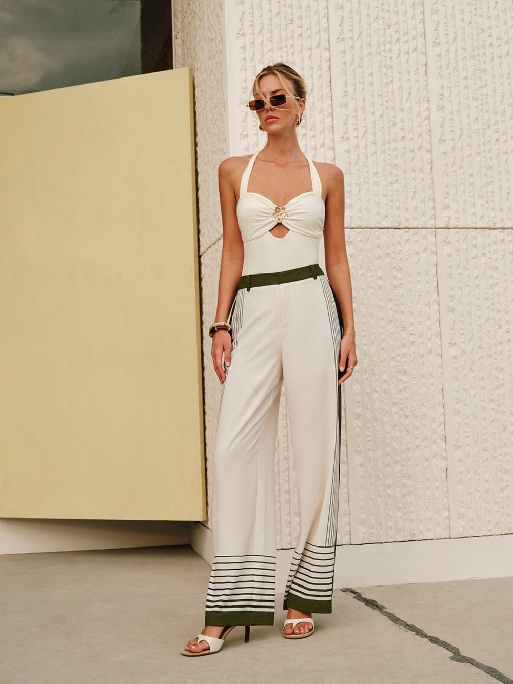 Commense Cream Satin Wide-Leg Pants with Olive Trim